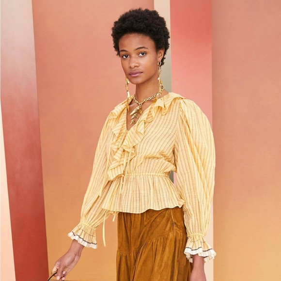 NWT Ulla Johnson Kalila Blouse in Wheat Bohemian Romantic Stripe Pattern Size 8 - Picture 1 of 6